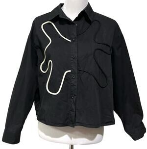 Marigold Shadows Women’s Black Button Up Top Cord Embroidery Long Sleeve Sz L